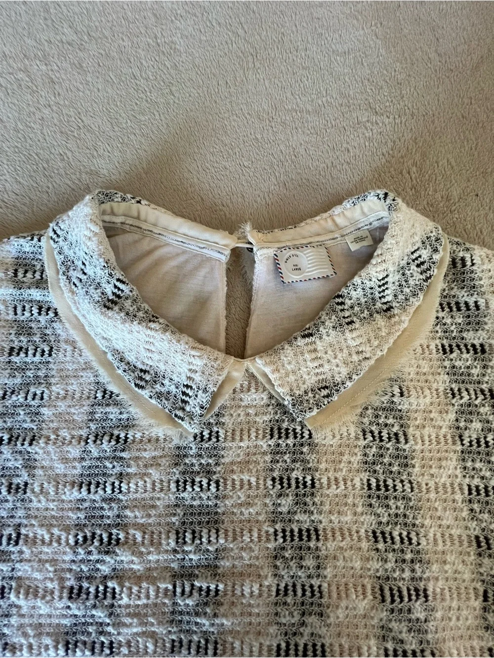Anthropologie 9-H15 STCL Cream Short-Sleeve Tweed Top with Peter Pan Collar
